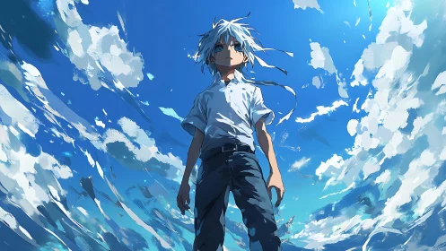 Boy stands beneath sweeping sky in vivid anime style.