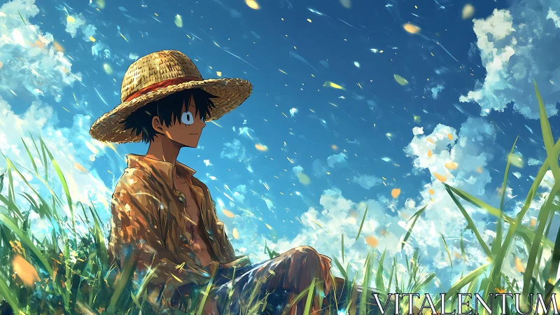 Straw-hatted youth resting in luminous pastoral meadow under sky.