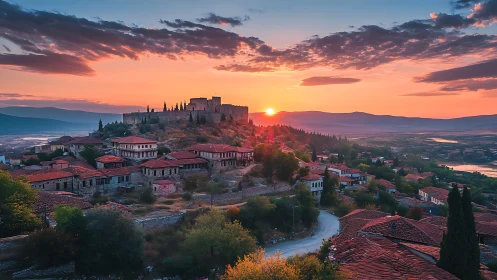 Sunset warmth over a hilltop village and timeless old castle.