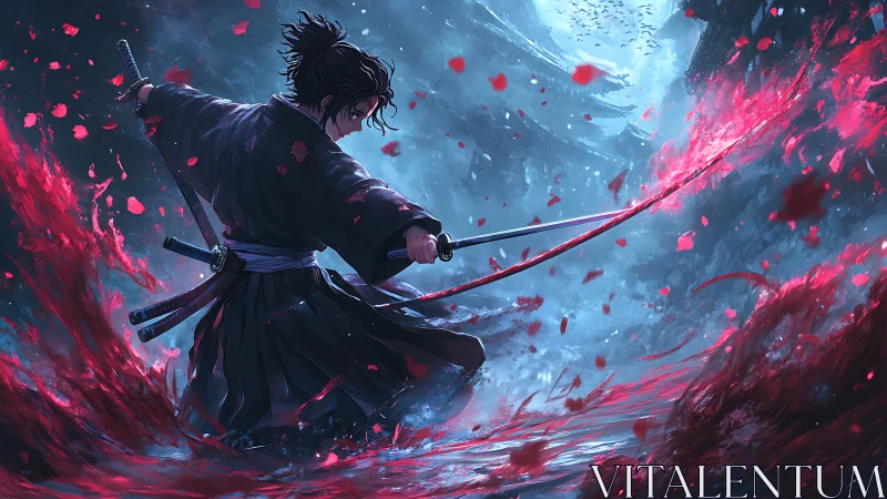 Samurai swordsman amid crimson energy arc in stormy ravine