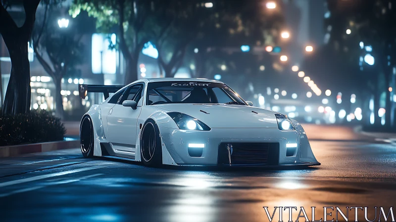 Modified white sports coupe is parked on a wet urban street