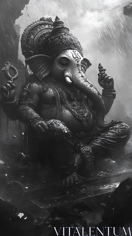 Rain-soaked elephant deity brooding in monochrome splendor.