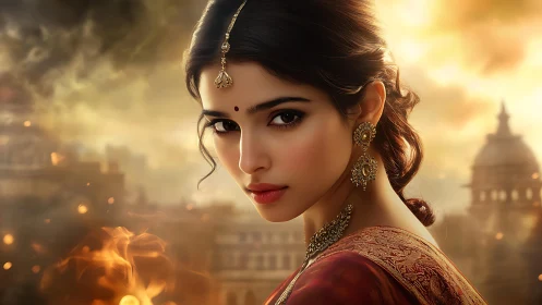 Regal Indian woman amid burning cityscape at dusk.