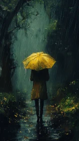 Solitary figure with yellow umbrella walks through rainy forest.