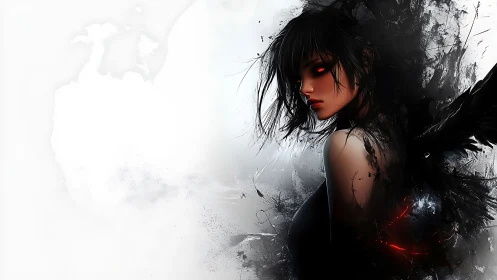 Midnight winged outcast with ember eyes and fractured halo.