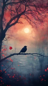 Moonlit raven perches above a misty lake of ember leaves.