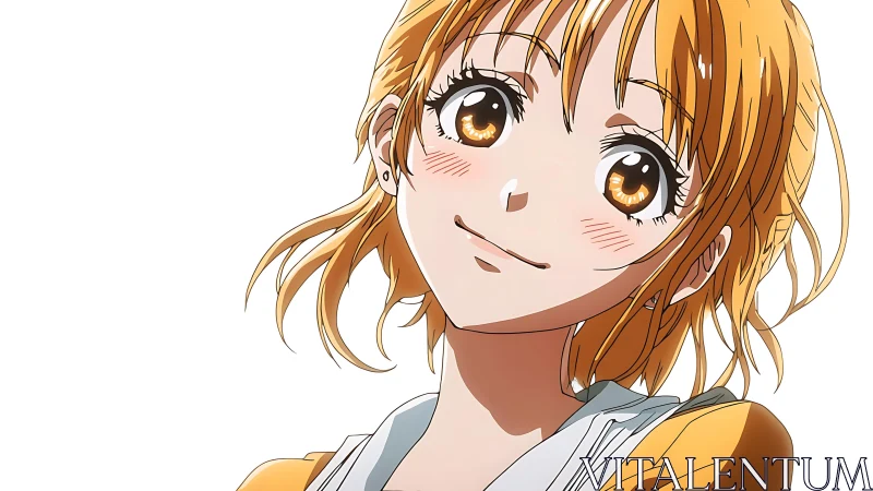 Close frontal view of orange haired anime girl character