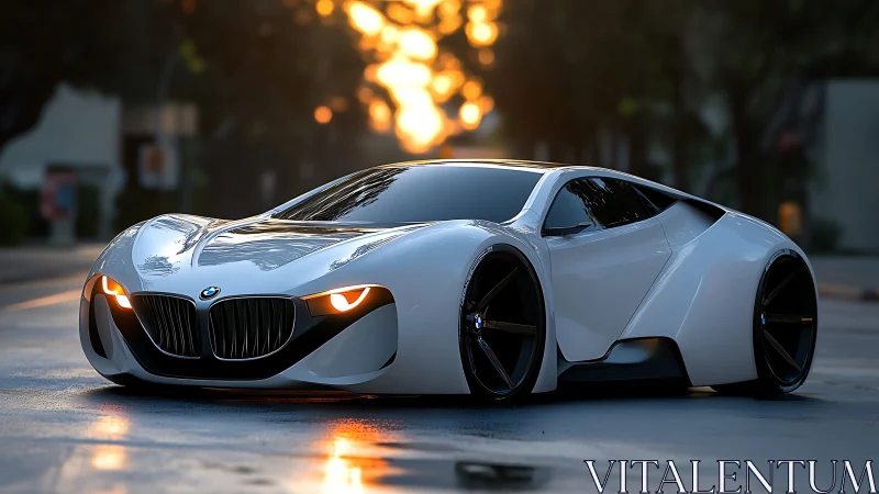 Low-slung BMW electric hypercar at golden hour on wet street