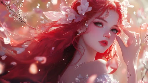 Digital painting portrait with floral, red-haired composition.