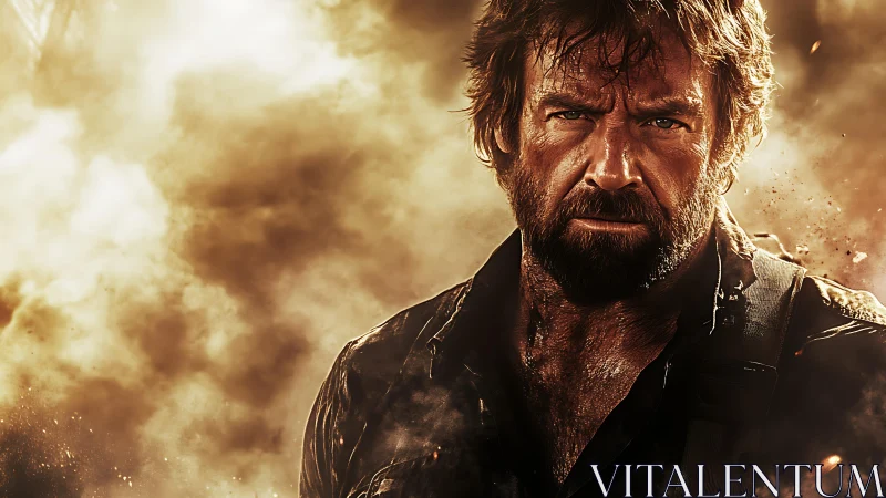 Battle-hardened bearded man in smoky golden backlight portrait