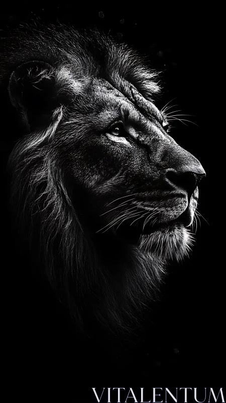Black and white lion profile in dramatic side lighting.