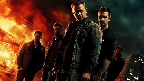 Brooding five-man crew against burning urban skyline.