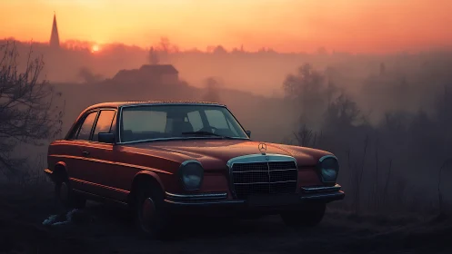 Vintage Mercedes sedan rests in misty countryside sunrise