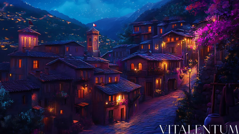 Romantic hilltop village glows under a clear starlit sky
