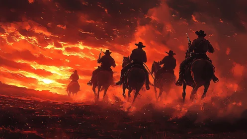 Riders cross burning horizon under cinematic ember skies.