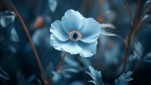 Light blue flower with orange center against blurred foliage