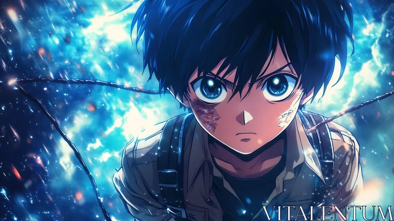 Fierce young anime hero stares down a glowing storm sky