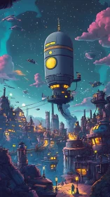 Futuristic floating tower above dense neon-lit cityscape.