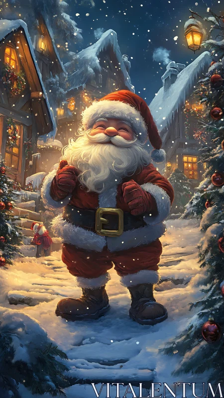 Santa figure in snowy village street with lit houses at night.