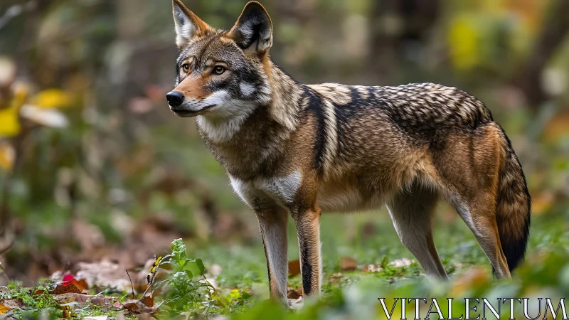 Wild coyote standing alert in soft autumn forest light.