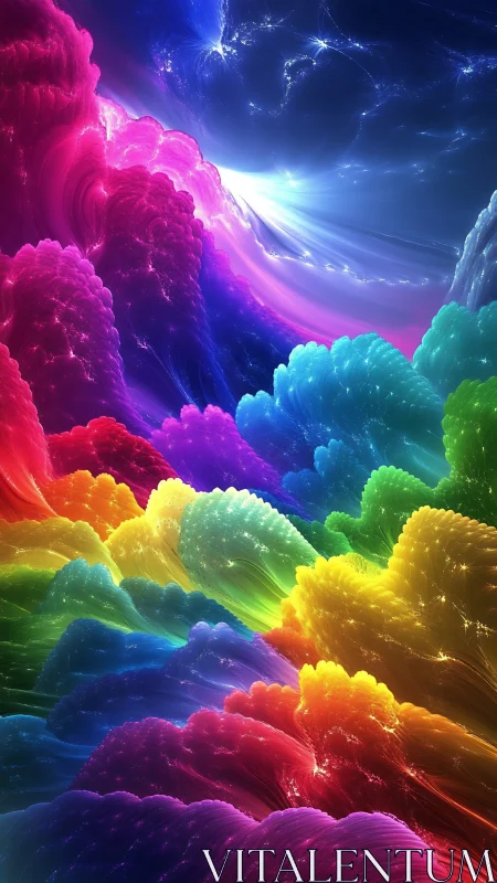 Multicolored fractal cloud formations in luminous abstract space.