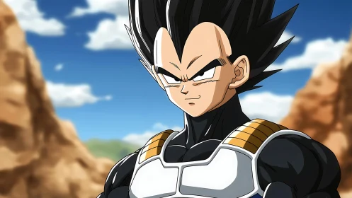 Armored anime warrior stands confident in rocky landscape