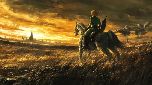 Lone rider gazes toward a golden, faraway fantasy city.