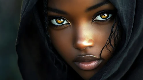 Hyper-detailed portrait highlights luminous golden irises and cloaked face