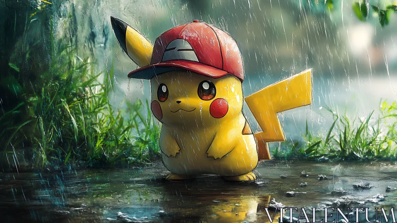 Rainy alley Pikachu in trainer cap, softly shimmering resolve.