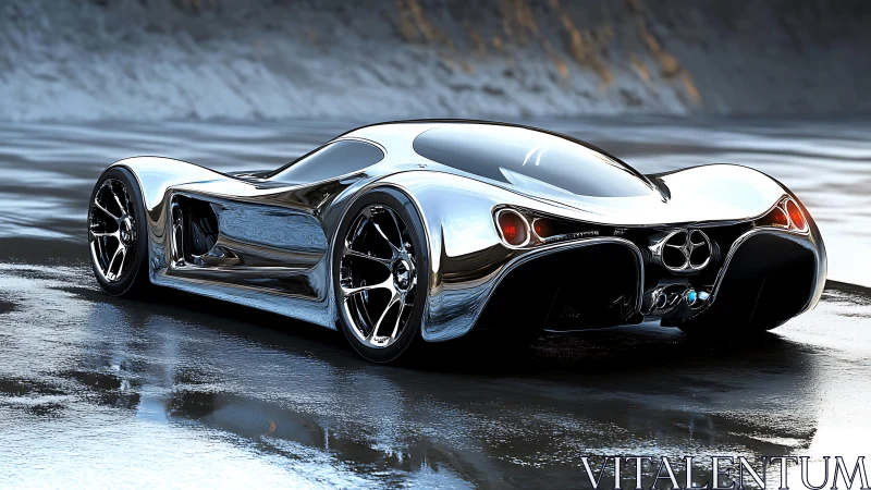 Futuristic chrome supercar on wet reflective roadway.