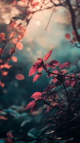 Scarlet leaves sip sunrise in a dreamy forest hush.