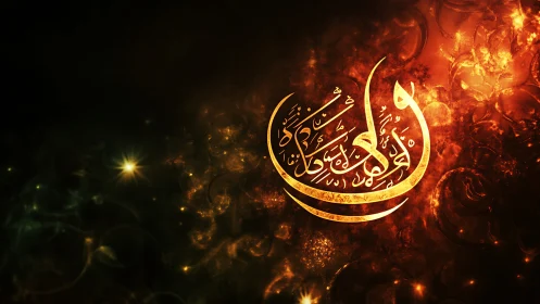 Arabic calligraphy in glowing gold on dark abstract field.