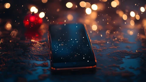 Snowy smartphone glows softly among warm holiday lights