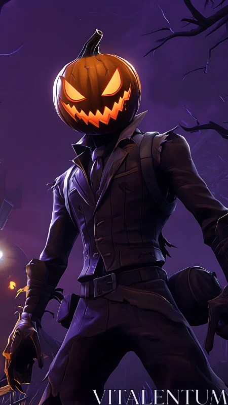 Halloween pumpkin-headed vigilante in tailored tactical coat