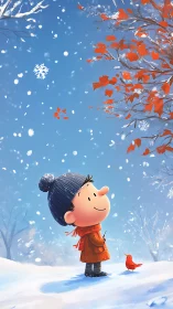 Child watching first snowfall under bright winter sky.