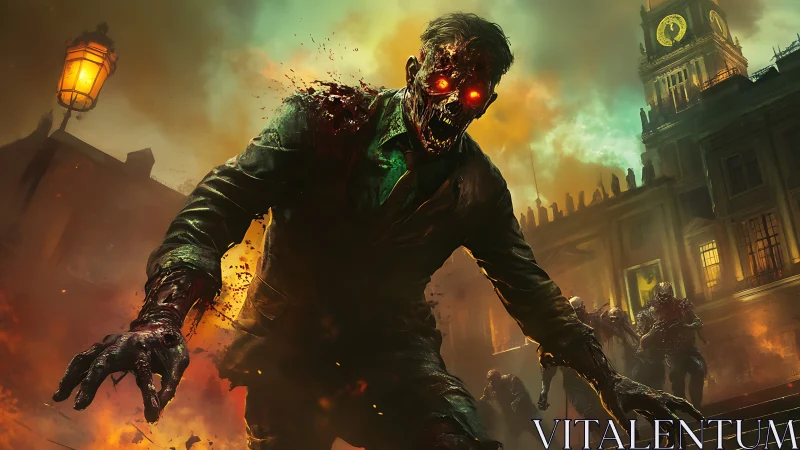 Infernal zombie ringleader stalks a burning, haunted city.