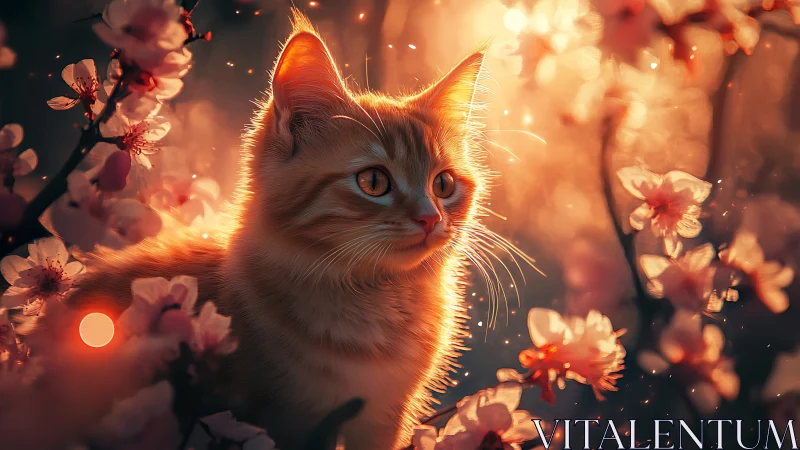 Glowing cat bathed in golden sunset among blooming flowers.