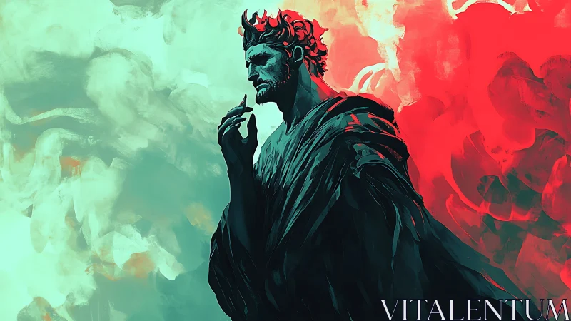 Regal stone figure amid teal and crimson atmospheric clouds.