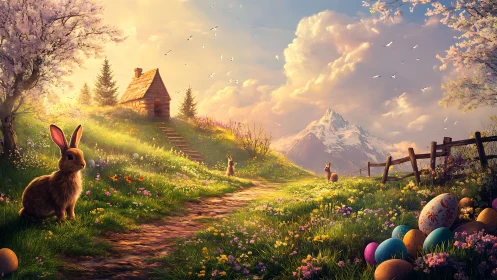 Digital painting of spring rabbits on luminous alpine path.