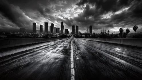 Stormy black and white city skyline over wet empty highway.