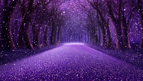 Violet tree tunnel depicts glittering path under dense particle snowfall