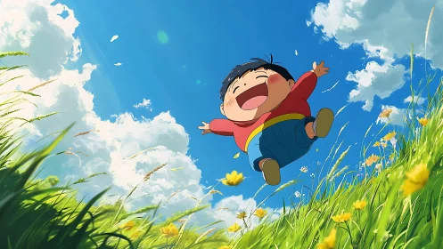 Joyful child leaping through sunlit meadow under vivid sky.