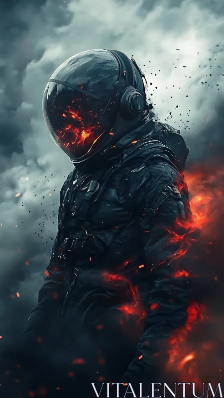 Infernal astronaut dissolving into embers and smoke.