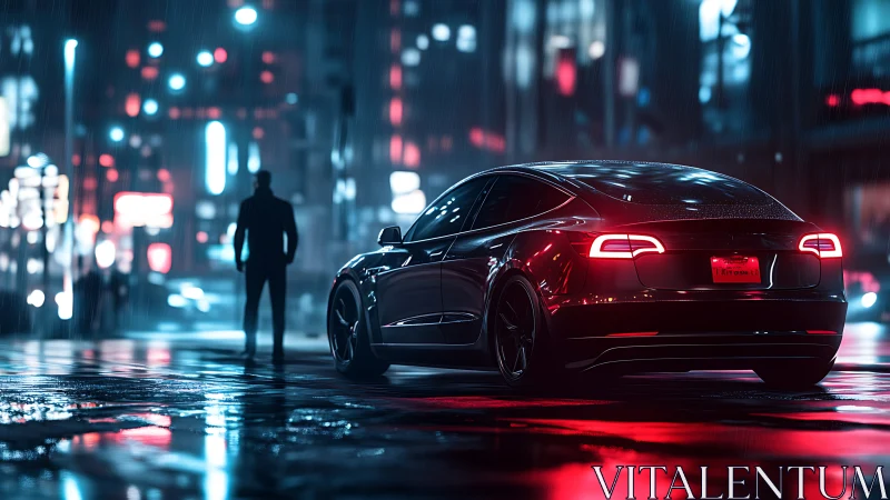 Electric sedan on wet urban street at night in rainfall.