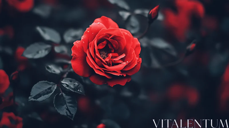 Red rose bloom with layered petals against darkened foliage