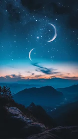 Twin crescent moons above luminous twilight mountainscape.