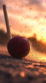 Cricket ball skids through dust in glowing sunset heat