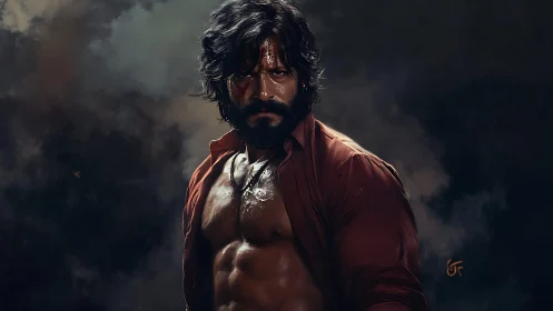 Brooding warrior in stormy light digital character portrait.