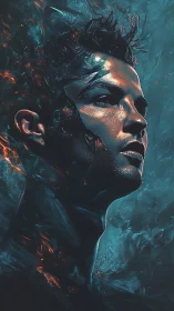 Luminous portrait of a man rising from swirling embers and mist.