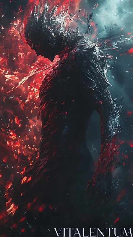 Humanoid silhouette formed from molten, fragmented material